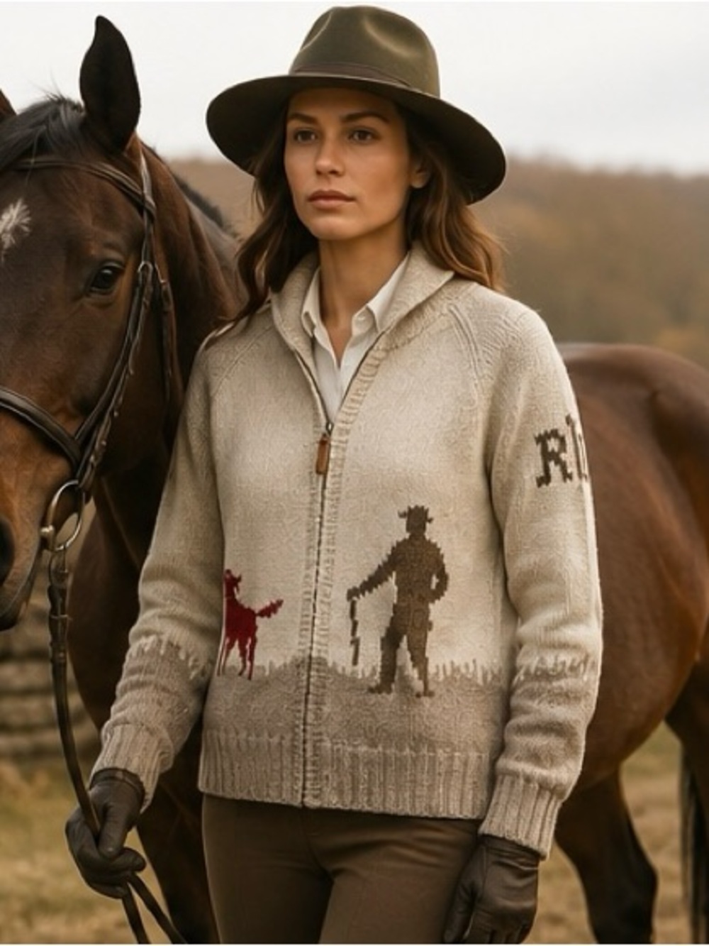 *RARE*Lauren Ralph Lauren Hand Knit Wool Hunting Intarsia Cardigan Petite S